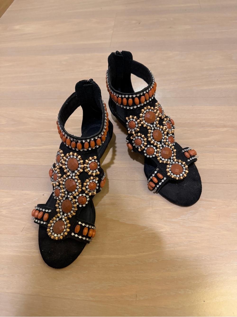 Kelsi Dagger Black Sandals with Brown Bead Embellishments
